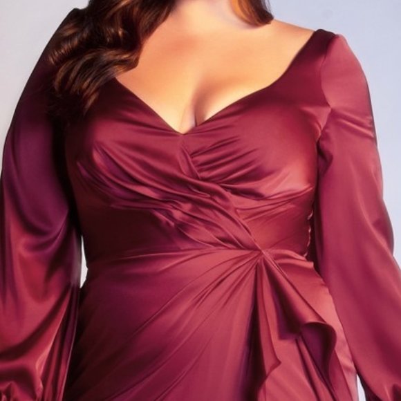 NEW SATIN LONG SHEATH ELEGANT GOWN WITH BLOUSON SLEEVES AND ZIPPER BACK CD 7478C - Picture 6 of 10